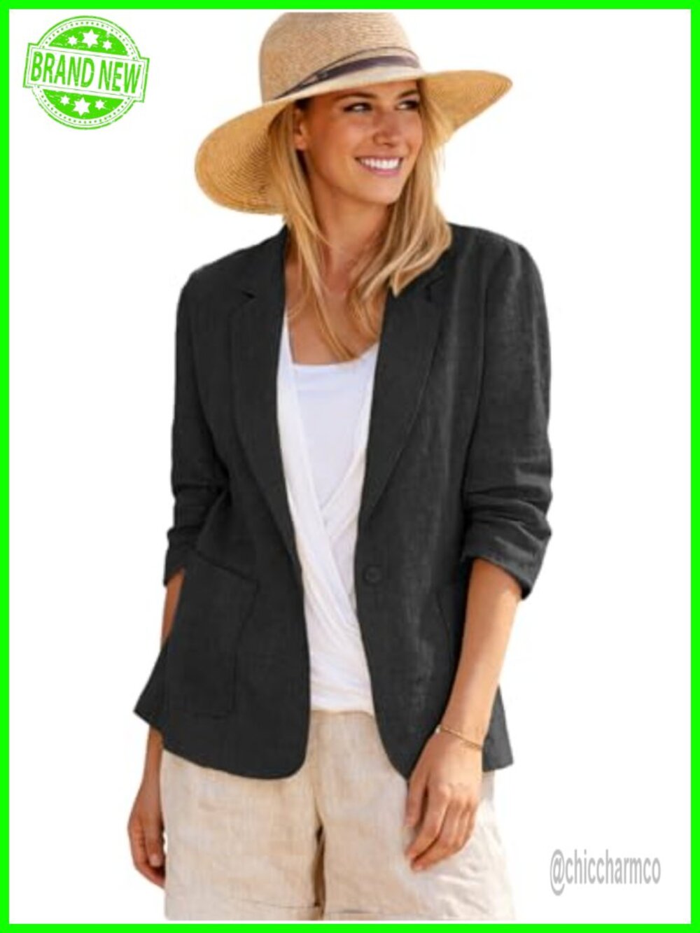 Linen Blend Blazer Jacket 3/4 Ruched Sleeve Lightweight Work Casual